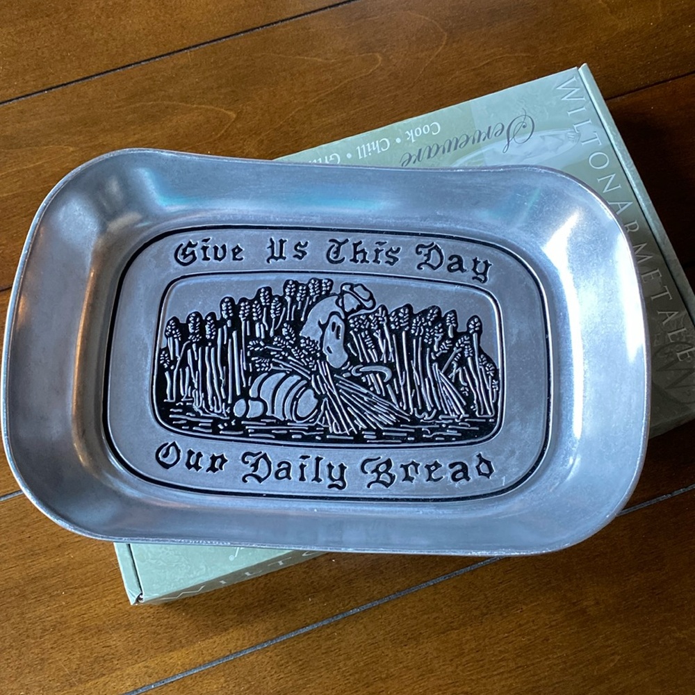 Vintage WILTON ARMETALE Metal Bread Serving Tray Distressed Patina Prayer Verse